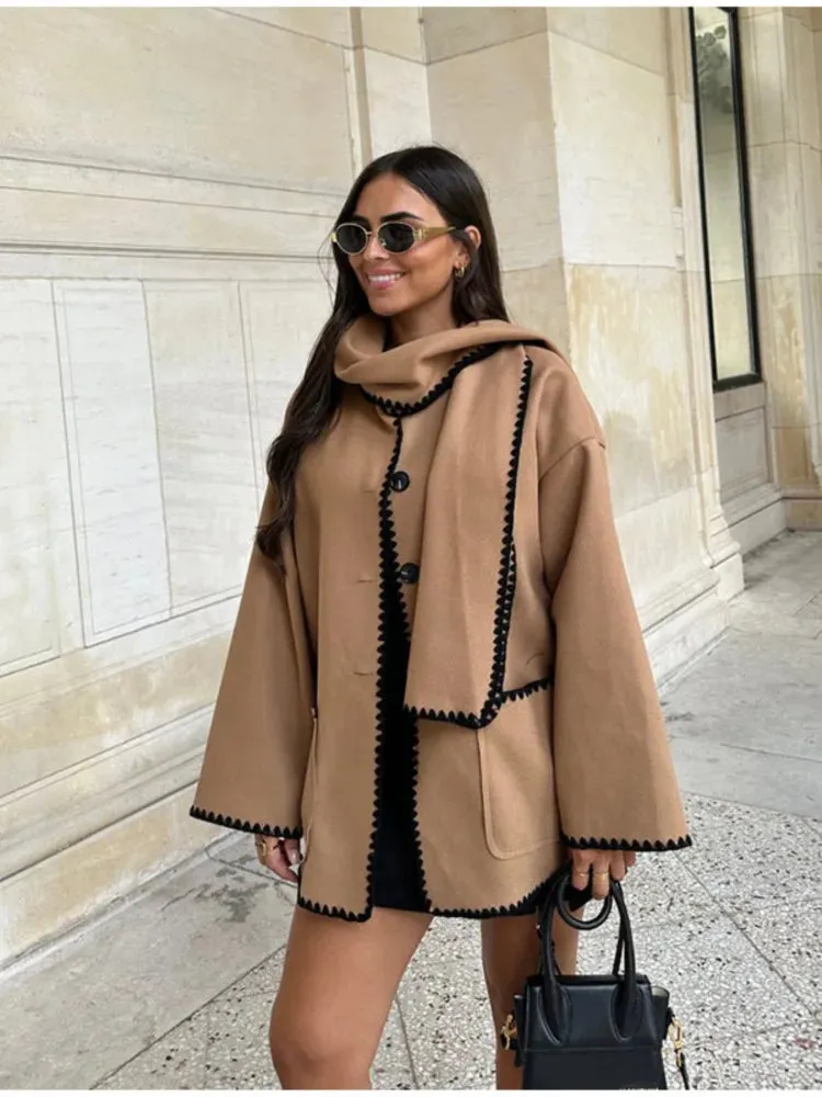 Women Fleece Splice Cotton Coat With Scarf Long Sleeve Solid Plush Quilted Jacket Loose Autumn Blends Balloon Overcoat