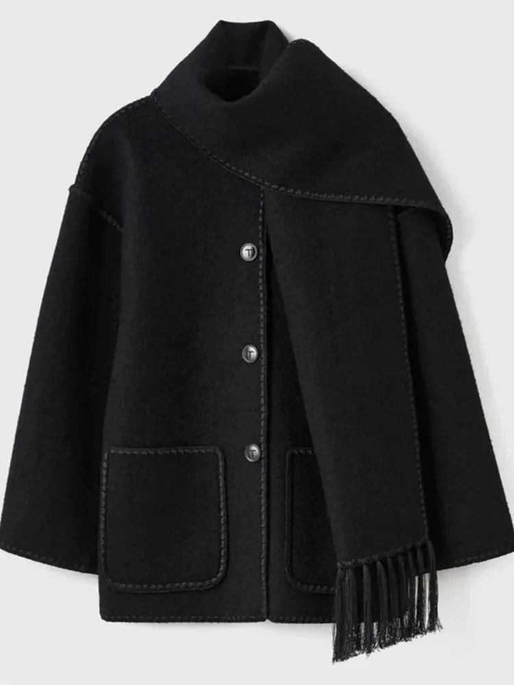 Women Fleece Splice Cotton Coat With Scarf Long Sleeve Solid Plush Quilted Jacket Loose Autumn Blends Balloon Overcoat