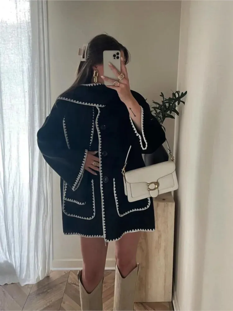 Women Fleece Splice Cotton Coat With Scarf Long Sleeve Solid Plush Quilted Jacket Loose Autumn Blends Balloon Overcoat