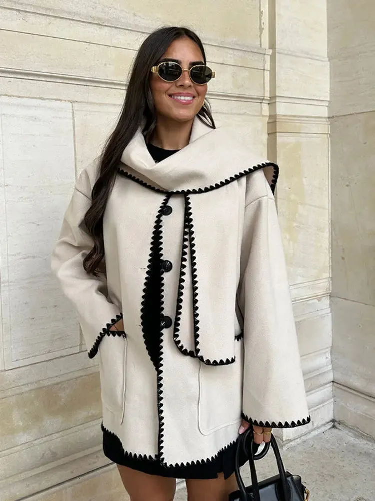 Women Fleece Splice Cotton Coat With Scarf Long Sleeve Solid Plush Quilted Jacket Loose Autumn Blends Balloon Overcoat