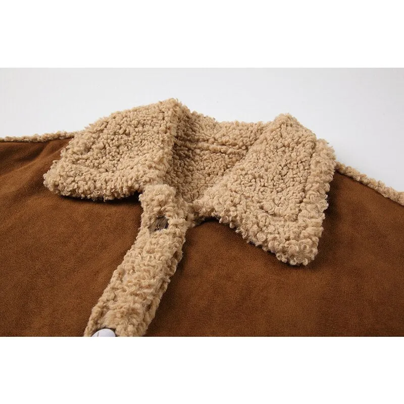 Women Vintage Suede Fur Jackets With Shawl Single Breasted Lamb Wool Jacket Winter Female Casual Loose Sweet Fashion Warm Coats