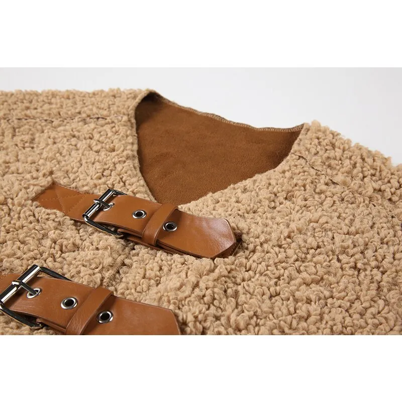 Women Vintage Suede Fur Jackets With Shawl Single Breasted Lamb Wool Jacket Winter Female Casual Loose Sweet Fashion Warm Coats