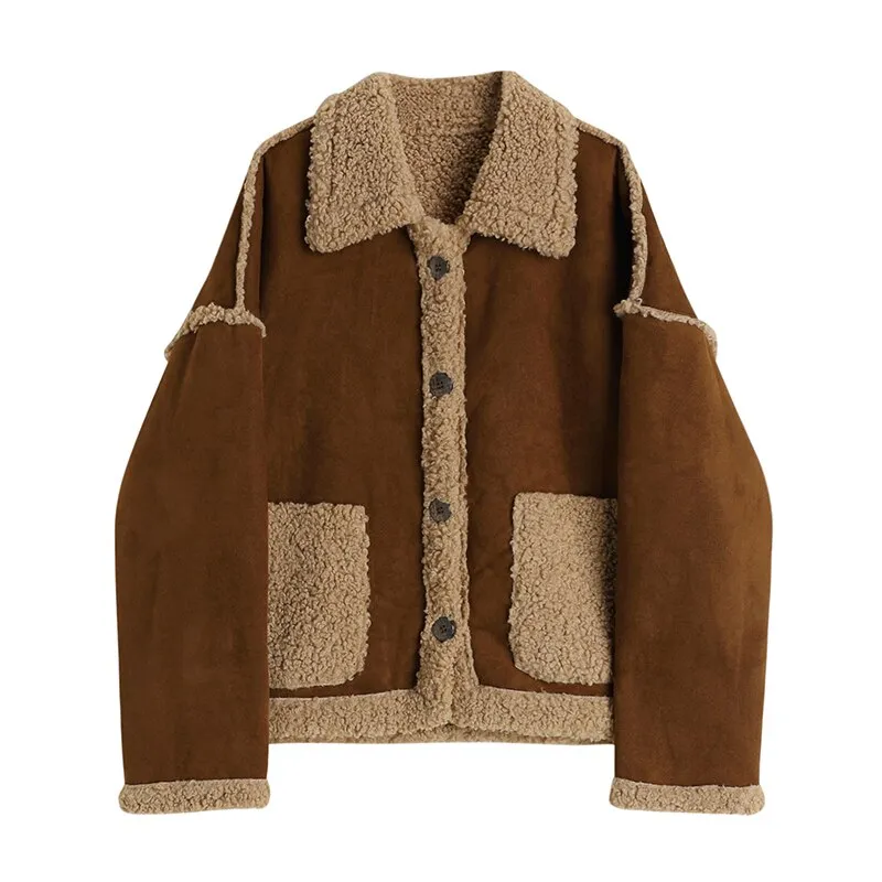 Women Vintage Suede Fur Jackets With Shawl Single Breasted Lamb Wool Jacket Winter Female Casual Loose Sweet Fashion Warm Coats