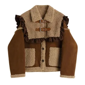 Women Vintage Suede Fur Jackets With Shawl Single Breasted Lamb Wool Jacket Winter Female Casual Loose Sweet Fashion Warm Coats