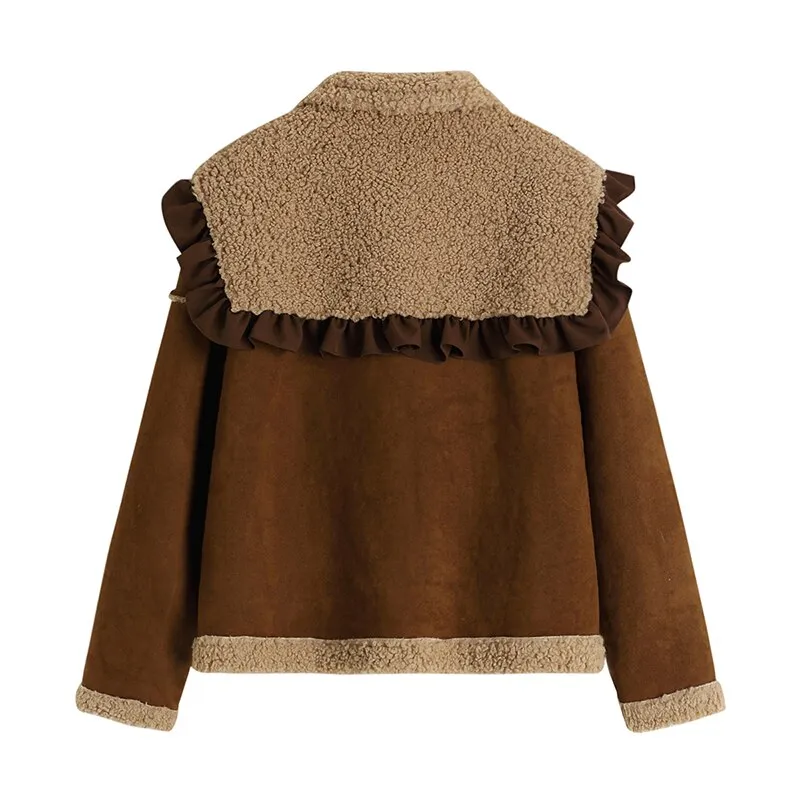 Women Vintage Suede Fur Jackets With Shawl Single Breasted Lamb Wool Jacket Winter Female Casual Loose Sweet Fashion Warm Coats