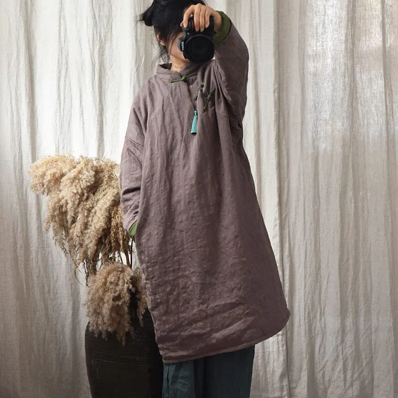 Women Winter Retro Stripe Linen Quilted Overcoat