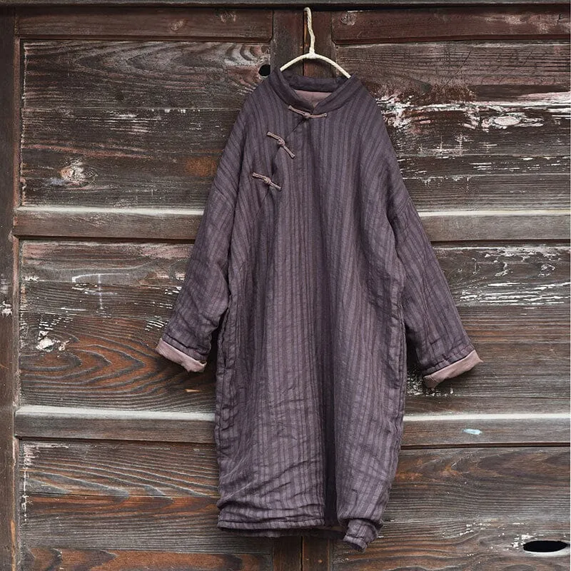 Women Winter Retro Stripe Linen Quilted Overcoat