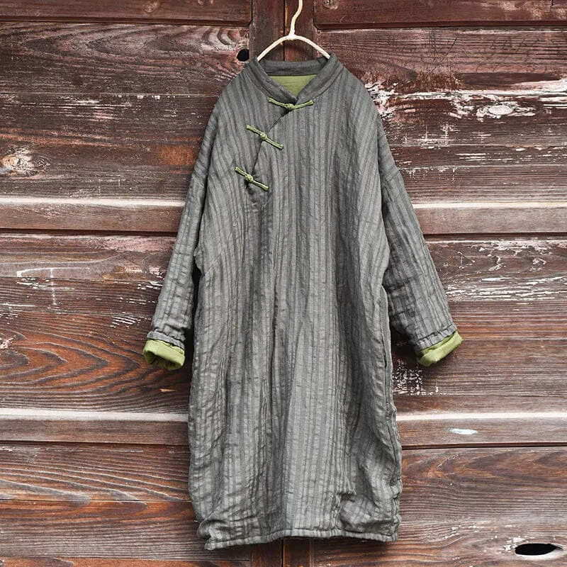 Women Winter Retro Stripe Linen Quilted Overcoat