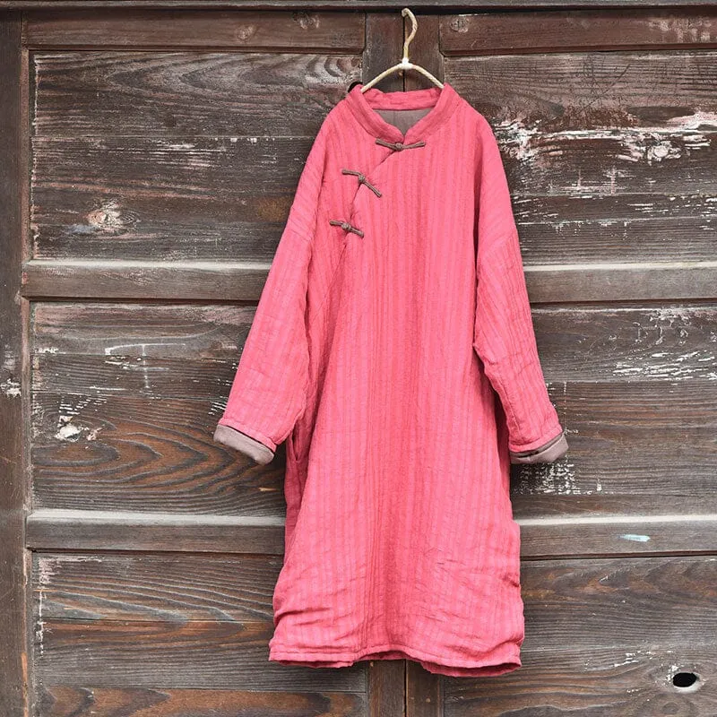 Women Winter Retro Stripe Linen Quilted Overcoat