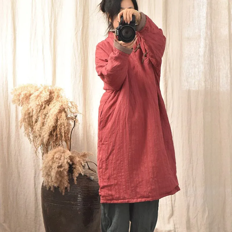 Women Winter Retro Stripe Linen Quilted Overcoat