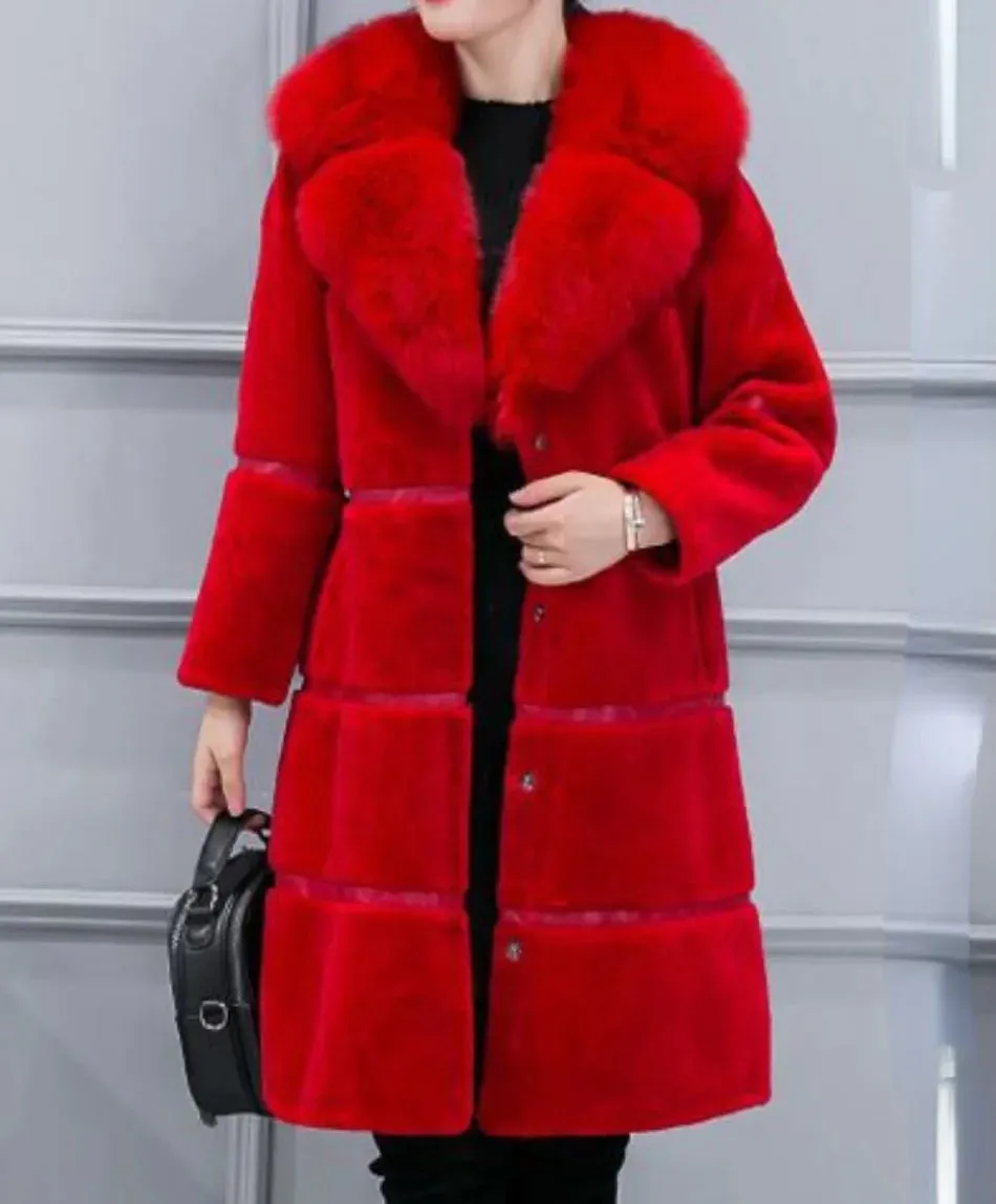 Women's Fox Hair Collar Warm Fur Slim Fit Artificial Plush Coat