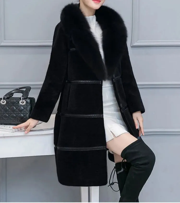 Women's Fox Hair Collar Warm Fur Slim Fit Artificial Plush Coat