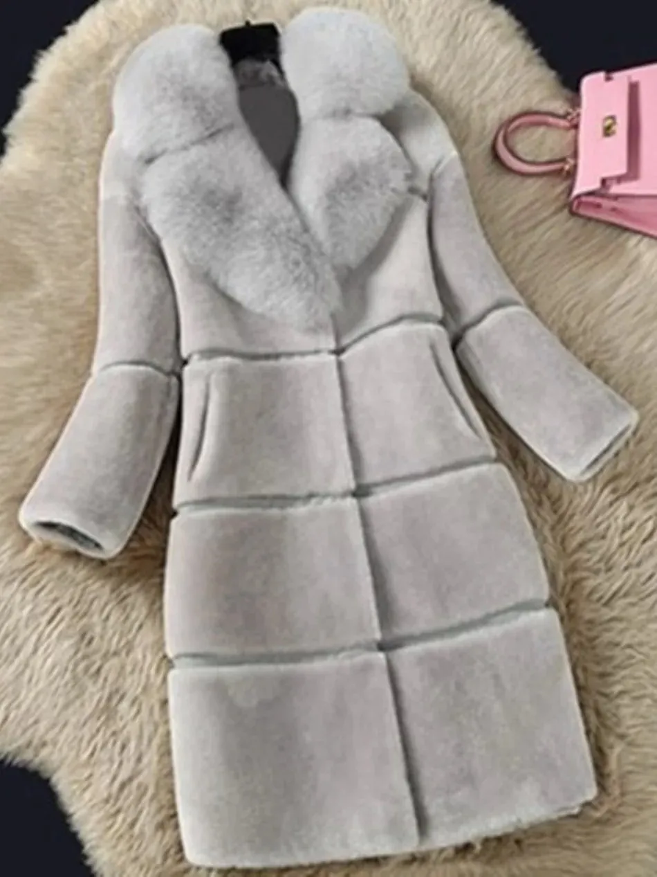 Women's Fox Hair Collar Warm Fur Slim Fit Artificial Plush Coat