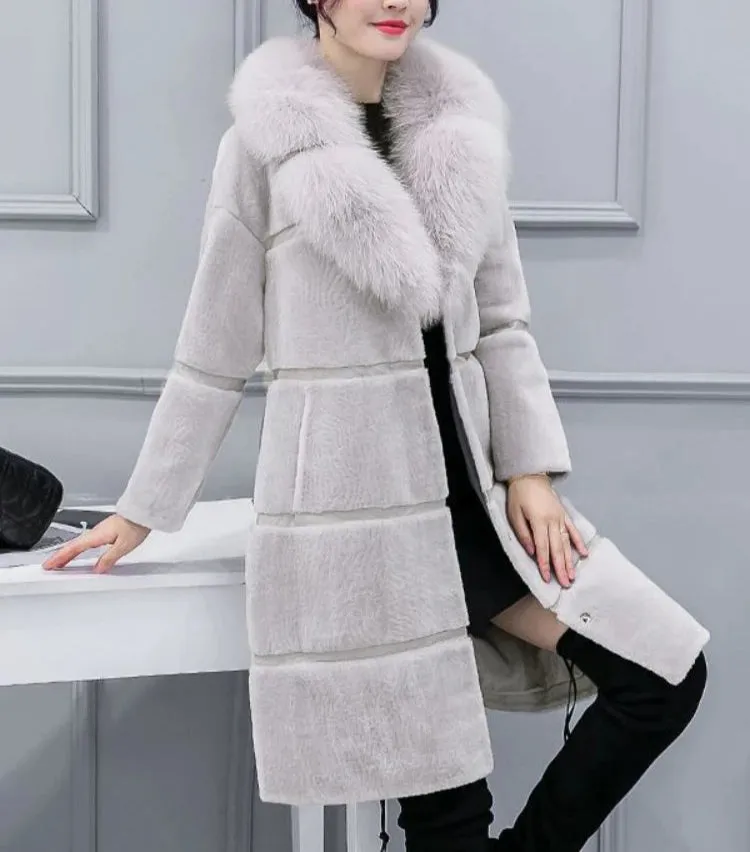 Women's Fox Hair Collar Warm Fur Slim Fit Artificial Plush Coat