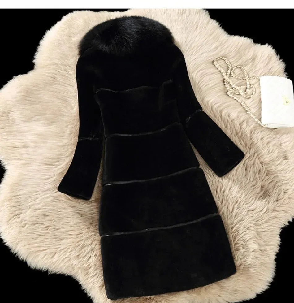 Women's Fox Hair Collar Warm Fur Slim Fit Artificial Plush Coat
