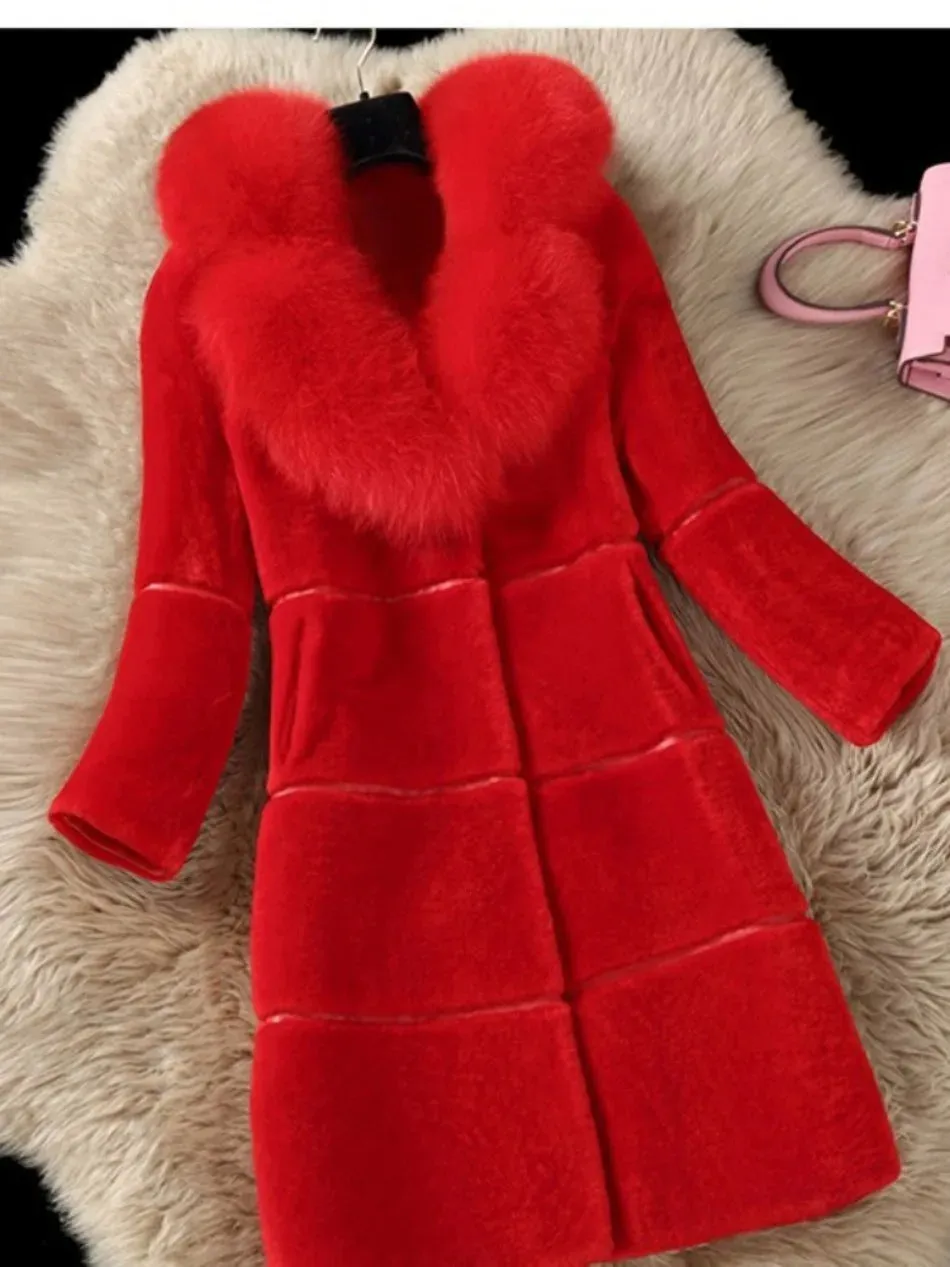 Women's Fox Hair Collar Warm Fur Slim Fit Artificial Plush Coat