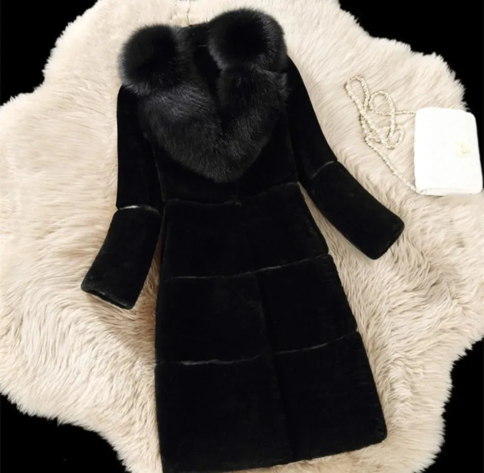 Women's Fox Hair Collar Warm Fur Slim Fit Artificial Plush Coat