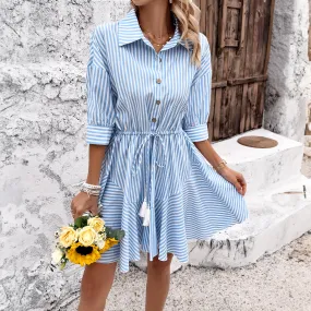 Women's Light Blue Striped Midi Dress with Lapel and Drawstring Waist S-XL