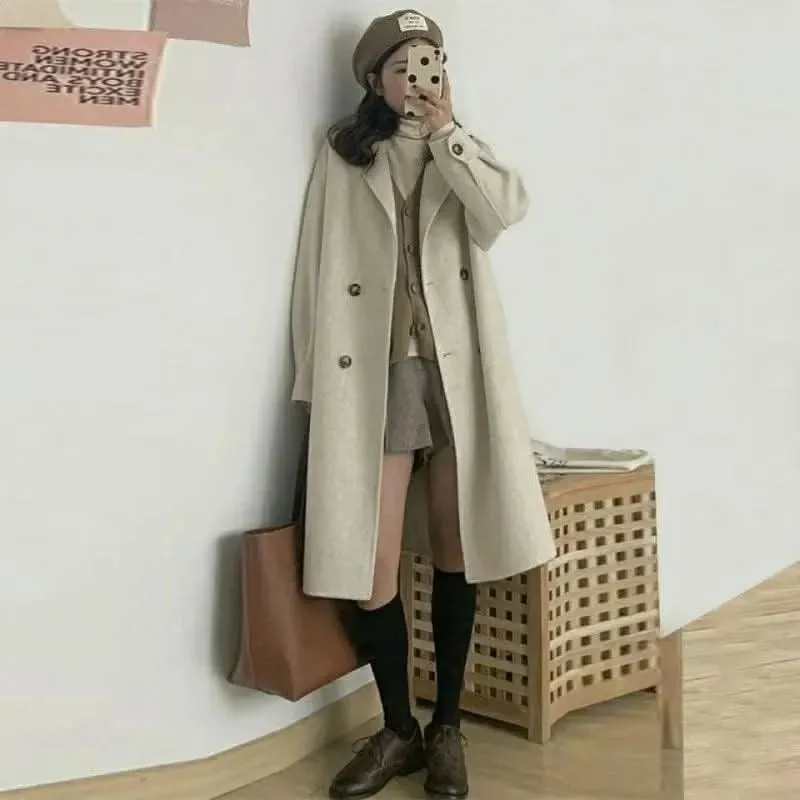 Women’s Medium-Length Woolen Jacket –  Korean Style Thickened Loose-Fit Coat