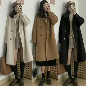 Women’s Medium-Length Woolen Jacket –  Korean Style Thickened Loose-Fit Coat