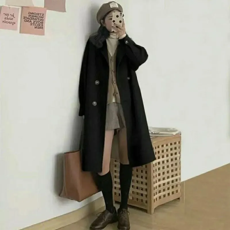 Women’s Medium-Length Woolen Jacket –  Korean Style Thickened Loose-Fit Coat