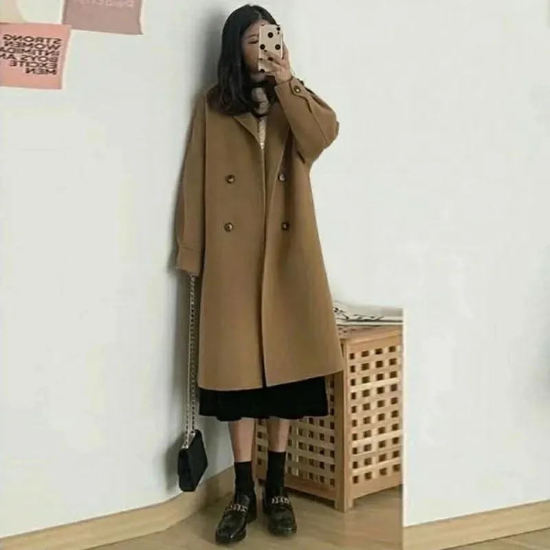 Women’s Medium-Length Woolen Jacket –  Korean Style Thickened Loose-Fit Coat