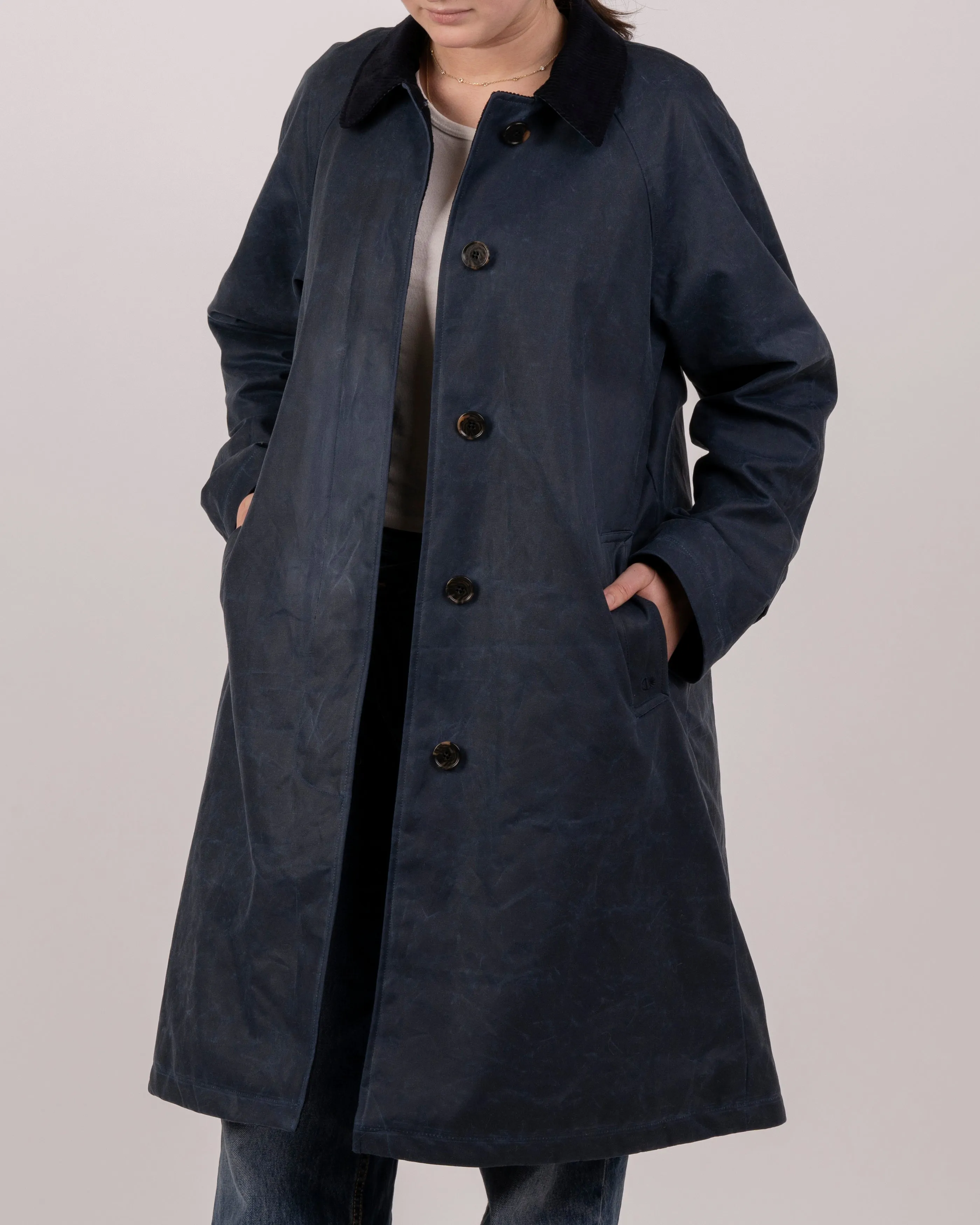 Womens Navy Waxed Canvas Overcoat