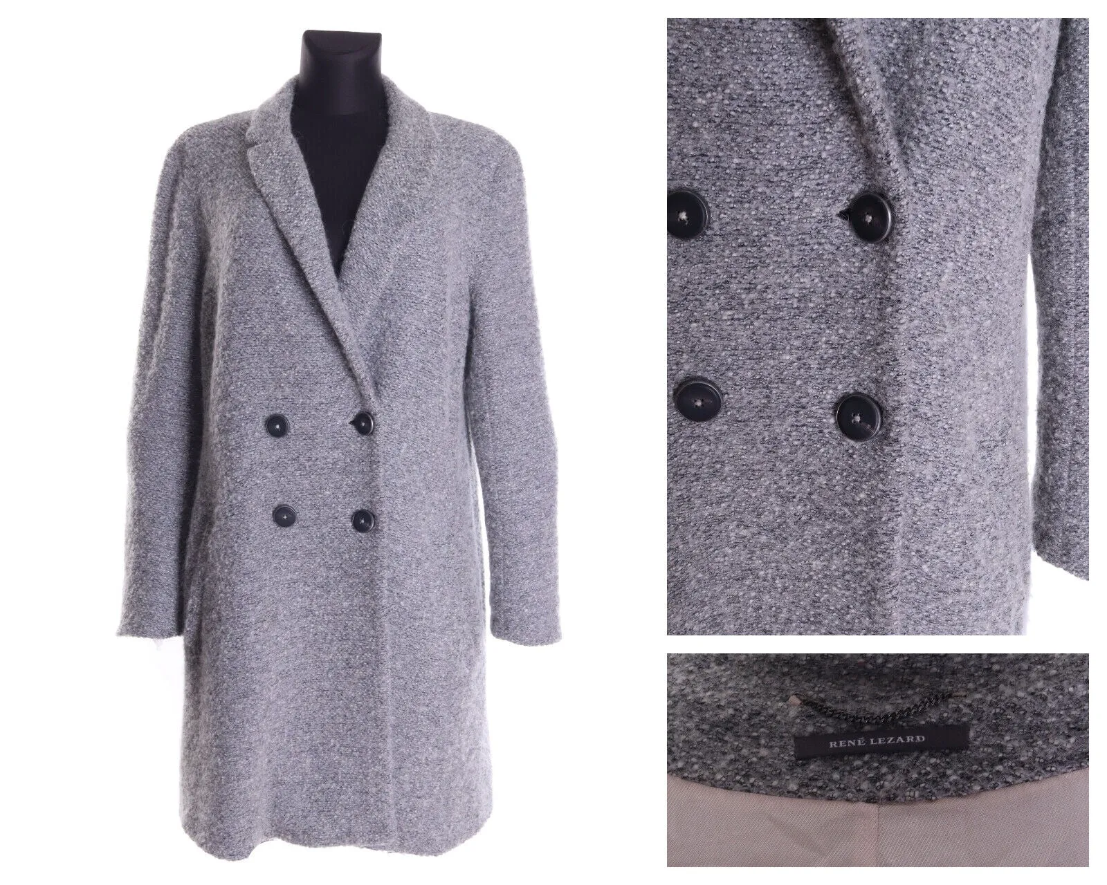 Women's RENE LEZARD Grey Cotton Wool Double-Breasted Pile Coat Overcoat Size 40